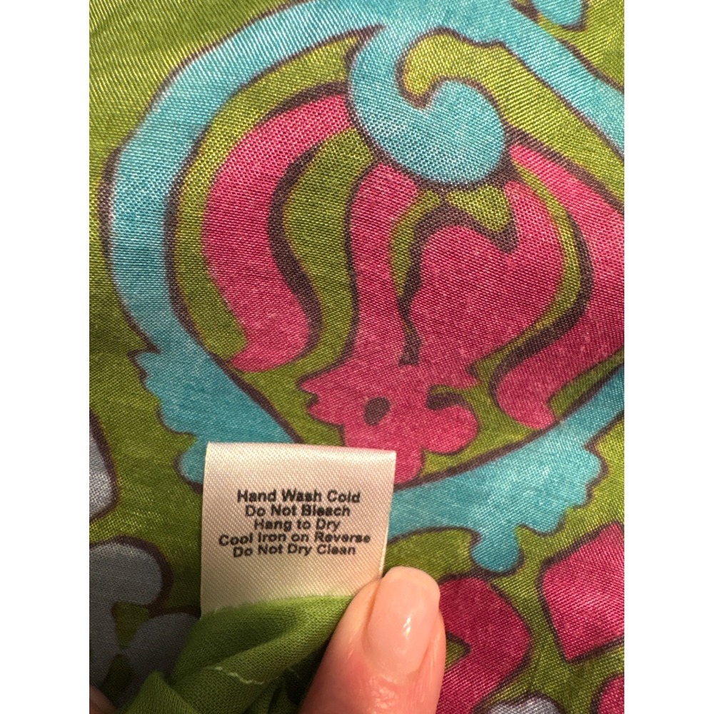 Bella Tu Women XL Green Pink Block Print Ruffle Dress Side Zip Pockets - Picture 12 of 14